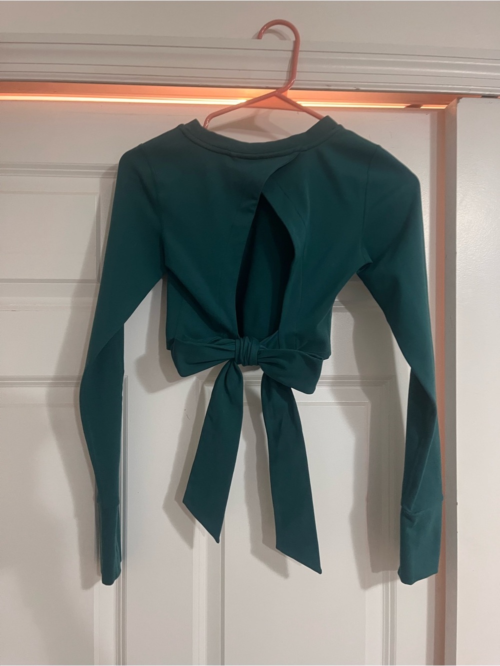 Altar’d State Long Sleeve Open BowTie-Back Top in Teal Green
